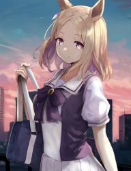 Rule 34 | 1girl, animal ears, bag, blonde hair, bow, bowtie, breasts, brown eyes, building, closed mouth, cloud, e nnihql, hand up, highres, holding, holding bag, horse ears, looking at viewer, narita top road (umamusume), outdoors, purple shirt, sailor collar, school bag, school uniform, shirt, short sleeves, skirt, skyscraper, small breasts, smile, solo, sunset, tracen school uniform, umamusume, upper body, white skirt