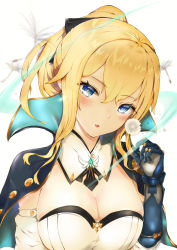 Rule 34 | 1girl, absurdres, artist request, black bow, black gloves, blonde hair, blue eyes, blush, bow, breasts, cape, dandelion, detached sleeves, flower, genshin impact, gloves, hair between eyes, hair bow, highres, holding, jean (genshin impact), large breasts, looking at viewer, open mouth, ponytail, sidelocks, solo
