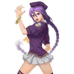 Rule 34 | 00s, 1girl, beret, bracelet, braid, female focus, hat, jewelry, kuroi nyan, long hair, melty blood, open mouth, purple eyes, purple hair, simple background, sion eltnam atlasia, skirt, solo, thighhighs, tsukihime, type-moon, very long hair, white background