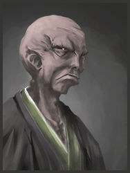 Rule 34 | 00s, angry, bald, black eyes, fate/stay night, fate (series), grey background, japanese clothes, male focus, matou zouken, no eyebrows, old, old man, satomi (black scarecrow), solo