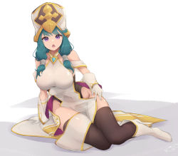 Rule 34 | 1girl, bare shoulders, boots, breasts, dragalia lost, full body, gloves, green hair, highres, hildegarde (dragalia lost), kanotype, large breasts, looking at viewer, medium hair, open mouth, purple eyes, thighhighs, thighs