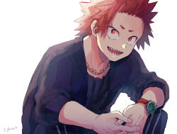 Rule 34 | 1boy, adcalcium, black jacket, black pants, black shirt, boku no hero academia, commentary request, highres, jacket, jewelry, kirishima eijirou, looking at viewer, male focus, necklace, open clothes, open jacket, open mouth, own hands together, pants, red eyes, red hair, sharp teeth, shirt, short hair, signature, simple background, solo, spiked hair, teeth, upper body, watch, white background