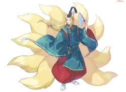 Rule 34 | 1boy, animal ear fluff, animal ears, blonde hair, closed mouth, folding fan, fox ears, fox tail, full body, hakama, hakama pants, hand fan, hand up, hat, highres, holding, holding fan, japanese clothes, kitsune, kotatsu (g-rough), long hair, long sleeves, male focus, multiple tails, original, pants, red pants, short eyebrows, signature, simple background, solo, tabi, tail, tate eboshi, white background, white legwear, wide sleeves