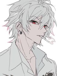 Rule 34 | 1boy, aohitsugi samatoki, cigarette, collared shirt, ear piercing, earrings, ebanoniwa, hypnosis mic, jewelry, looking at viewer, male focus, mouth hold, piercing, portrait, red eyes, shirt, simple background, smoke, smoking, solo, white background, wing collar