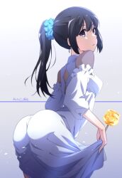 Rule 34 | 1girl, ass, black hair, blue scrunchie, candy apple, character request, copyright request, dress, food, frilled dress, frills, from behind, hair ornament, hair scrunchie, highres, long hair, nii manabu, ponytail, scrunchie, solo, white dress