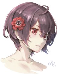 Rule 34 | 1girl, ahoge, bare shoulders, blush, collarbone, commentary, dai (eiji0417), flower, hair flower, hair ornament, highres, looking to the side, original, parted lips, portrait, purple hair, red eyes, short hair, signature, simple background, sketch, solo, white background