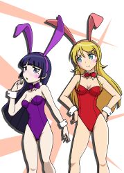 2girls absurdres animal_ears bare_legs black_hair blonde_hair bow bowtie commentary_request commission commissioner_upload detached_collar fake_animal_ears gokou_ruri green_eyes hair_ornament hairband hairpin hands_on_own_hips highres kousaka_kirino leotard long_hair mole mole_under_eye multiple_girls multiple_hairpins ore_no_imouto_ga_konna_ni_kawaii_wake_ga_nai pink_hairband playboy_bunny purple_bow purple_bowtie purple_eyes purple_hairband purple_leotard rabbit_ears red_bow red_bowtie red_leotard sakaki_youma standing strapless strapless_leotard traditional_bowtie wrist_cuffs