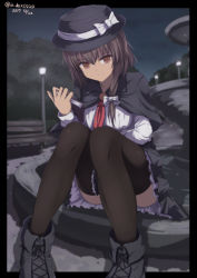 Rule 34 | 1girl, absurdres, artist name, bad id, bad pixiv id, bench, black border, black capelet, black footwear, book, boots, border, bow, brown eyes, brown hair, capelet, dated, fedora, fountain, furiruno, hair bow, hat, hat bow, highres, holding, holding book, long sleeves, looking at viewer, necktie, night, night sky, red necktie, shirt, short hair, sitting, sky, smile, solo, thighhighs, touhou, tree, twitter username, usami renko, white bow, white shirt