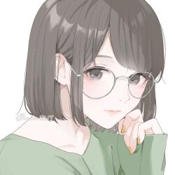 Rule 34 | 1girl, bob cut, brown hair, close-up, closed mouth, collarbone, ears visible through hair, expressionless, glasses, green shirt, grey eyes, hand up, looking at viewer, nail polish, original, round eyewear, shirt, sidelocks, simple background, sleeves past wrists, solo, swept bangs, twitter username, upper body, watermark, white background, yellow nails, yuum1709