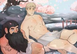 Rule 34 | 2boys, animal, artist self-insert, beard, beard over mouth, bird, black eyes, black hair, blonde hair, bogactivity, brown eyes, cherry blossoms, commentary, crossed arms, dungeon meshi, dwarf, english commentary, facial hair, falling petals, glaze artifacts, highres, laios touden, long beard, long hair, looking at viewer, male focus, multiple boys, naked towel, nipples, one eye closed, onsen, outdoors, parted lips, petals, pink petals, ponytail, senshi (dungeon meshi), short hair, sitting, steam, topless male, towel, tree, very short hair, water