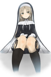 Rule 34 | 1girl, bad id, bad pixiv id, black socks, blush, breasts, brown eyes, chonmage daikon, commentary request, dress, garter straps, gloves, habit, hair over eyes, highres, kneehighs, knees, knees together feet apart, light brown hair, long hair, long sleeves, looking at viewer, neck ribbon, nijisanji, nun, parted bangs, pleated skirt, ribbon, simple background, sister claire, sister claire (1st costume), sitting, skirt, smile, socks, solo, thighs, twitter username, upskirt, virtual youtuber, white background, white gloves, white ribbon