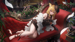 Rule 34 | 1girl, absurdres, animal ear fluff, animal ears, anklet, arknights, bare shoulders, barefoot, black dress, black gloves, black headwear, blonde hair, bottle, breasts, cleavage, closed mouth, couch, cup, dress, drink, drinking glass, elbow gloves, feet, gloves, hair between eyes, highres, holding, holding cup, indoors, instrument, jewelry, legs, ling dianxia, long hair, looking at viewer, lying, medium breasts, official alternate costume, on couch, on side, phonograph, photoshop (medium), piano, plant, red eyes, see-through, shawl, sheet music, smile, solo, sora (arknights), sora (melodiosa) (arknights), tilted headwear, toes, wolf ears