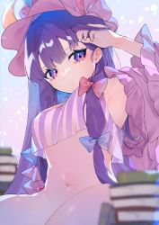 Rule 34 | 1girl, absurdres, armpits, blue background, blue bow, blue ribbon, book, bow, bra, breasts, closed mouth, crescent, crescent hat ornament, detached sleeves, double bun, gradient background, hair bow, hair bun, hand up, hat, hat ornament, hat ribbon, highres, huge filesize, kappa mame, long hair, long sleeves, looking at viewer, medium breasts, mob cap, multicolored background, navel, no panties, patchouli knowledge, pink background, pink bow, pink bra, pink hat, pink ribbon, pink sleeves, purple bra, purple eyes, purple hair, ribbon, sitting, solo, stomach, striped bra, striped clothes, touhou, underwear, wide sleeves