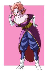 Rule 34 | 1girl, absurdres, bare shoulders, blue eyes, blush, breasts, chronoa, cleavage, colored skin, dragon ball, dragon ball xenoverse, earrings, female focus, full body, hand on own hip, highres, iamthetrev, jewelry, large breasts, pink hair, pink skin, pointy ears, simple background, solo, supreme kai of time, sweatdrop