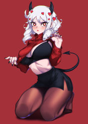 Rule 34 | 1girl, black bra, black skirt, black tail, blueorca, blush, bra, breasts, brown pantyhose, demon girl, demon tail, hair ornament, heart, heart-shaped pupils, heart hair ornament, helltaker, highres, kneeling, large breasts, long sleeves, looking at viewer, modeus (helltaker), mole, mole on breast, nail polish, pantyhose, red background, red eyes, red sweater, ribbed sweater, short hair, simple background, skirt, solo, sweater, symbol-shaped pupils, tail, underwear, white hair
