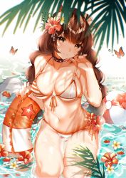 Rule 34 | 1girl, animal ears, artist name, bikini, breasts, brown eyes, brown hair, cat ears, character request, cleavage, collar, commentary, commission, copyright request, crab, dappled sunlight, english commentary, flower, front-tie bikini top, front-tie top, hair flower, hair ornament, hibiscus, highres, innertube, kiyochii, looking at viewer, low twintails, medium breasts, multi-tied hair, navel, ocean, orange bikini, partially submerged, pulling own clothes, red collar, side-tie bikini bottom, solo, spaghetti strap, spiked collar, spikes, strap pull, summer, sunlight, swim ring, swimsuit, twintails, underboob, wakamezake, water, wet