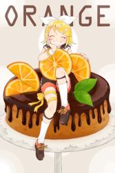 Rule 34 | 1girl, black collar, black shorts, blonde hair, blouse, bow, cake, cake stand, chocolate, closed eyes, collar, facing viewer, food, fork, fork hair ornament, fruit, full body, grin, hair bow, hair ornament, hairclip, hand on own cheek, hand on own face, highres, kagamine rin, knee up, kneehighs, leaf, leg ribbon, mint, orange (fruit), orange slice, oversized food, oversized object, raputsue, ribbon, sailor collar, shirt, short hair, shorts, sitting, smile, socks, solo, spoon, spoon hair ornament, swept bangs, thigh ribbon, vocaloid, white bow, white shirt, wrist cuffs, yellow ribbon