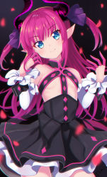 Rule 34 | 1girl, absurdres, bare shoulders, black background, black dress, blue eyes, blurry, closed mouth, commentary request, curled horns, depth of field, detached sleeves, dress, elizabeth bathory (fate), elizabeth bathory (fate/extra ccc), elizabeth bathory (first ascension) (fate), fate/grand order, fate (series), finger cots, flat chest, floating hair, highres, horns, long hair, long sleeves, looking at viewer, petals, pink hair, pointy ears, signature, sleeveless, sleeveless dress, smile, solo, standing, usagi koushaku, white sleeves, wrist cuffs