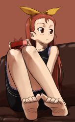Rule 34 | 00s, 1girl, barefoot, brown eyes, brown hair, feet, female focus, gift, holding, holding gift, idolmaster, idolmaster (classic), idolmaster 1, long hair, minase iori, sitting, soles, solo, toes, ttomm