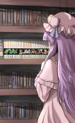 Rule 34 | 1girl, blue ribbon, book, bookshelf, capelet, character request, commentary, crescent, crescent hat ornament, dragon ball, from behind, hat, hat ornament, hat ribbon, highres, library, long hair, manga (object), mob cap, namiki (remiter00), patchouli knowledge, purple hair, ribbon, robe, shenron (dragon ball), solo, son goku, toriyama akira (character), touhou, very long hair