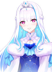 Rule 34 | 1girl, 1mikuro, blue bow, blue dress, blue hair, blush, bow, braid, colored inner hair, crown braid, dress, earrings, fur trim, grin, highres, jacket, jewelry, lize helesta, lize helesta (3rd costume), looking at viewer, multicolored hair, nijisanji, off shoulder, parted lips, purple eyes, silver hair, smile, smug, solo, tiara, upper body, virtual youtuber, white background, white jacket