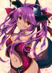 Rule 34 | 1girl, absurdres, animal ears, arms behind back, braid, breasts, copyright request, detached sleeves, covered erect nipples, fox ears, fox tail, highres, horns, huge filesize, ichiyou moka, medium breasts, nail polish, no panties, purple hair, solo, tail, twin braids, yellow eyes