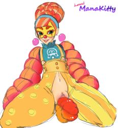 Rule 34 | arms (game), baggy pants, blue eyes, clitoris, clown, earrings, fat mons, hairband, jewelry, lewdmanakitty, lola pop, mask, multicolored hair, navel, nintendo, object insertion, pants, pussy, red nose, smile, spread legs, suspenders, thick thighs, thighs, torn clothes, torn legwear, vaginal, vaginal object insertion