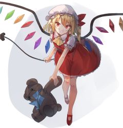 Rule 34 | 1girl, :o, ascot, blonde hair, blue bow, blue neckwear, blush, bow, bowtie, commentary request, crystal, flandre scarlet, full body, hair between eyes, hat, hat ribbon, holding, holding stuffed toy, laevatein, long hair, looking at viewer, mary janes, mob cap, one side up, open mouth, petticoat, pointy ears, puffy short sleeves, puffy sleeves, red eyes, red footwear, red ribbon, red skirt, red vest, ribbon, shirt, shoes, short sleeves, sidelocks, skirt, skirt set, solo, stuffed animal, stuffed toy, suminagashi, teddy bear, touhou, vest, white background, white hat, white shirt, wings, yellow neckwear