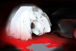Rule 34 | 1boy, akahara (akaharaillust), blood, commentary request, grey hair, highres, kaneki ken, looking at viewer, lying, male focus, pale skin, parted lips, red eyes, short hair, solo, spot color, tokyo ghoul