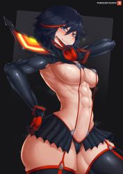 Rule 34 | 1girl, abs, artist name, black background, black hair, blue eyes, blush, breasts, cameltoe, cleavage, curvy, garter straps, hair between eyes, hand on own hip, highres, kill la kill, large breasts, looking at viewer, matoi ryuuko, multicolored hair, muscular, muscular female, navel, red hair, senketsu, short hair, skindentation, smile, solo, stomach, streaked hair, suspenders, sweat, thick thighs, thighhighs, thighs, toned, v, velminth