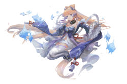 Rule 34 | 1girl, air bubble, animal, bare shoulders, black choker, blue bow, blue eyes, blue gemstone, blue hair, bow, brown hair, bubble, choker, closed mouth, fish, frilled choker, frilled sleeves, frills, gem, genshin impact, grey background, grey thighhighs, hair ornament, light brown hair, long hair, long sleeves, multicolored hair, sangonomiya kokomi, simple background, smile, solo, striped clothes, swimming, tassel, thighhighs, underwater, very long hair, vision (genshin impact), water, wide sleeves, youshun (naturaljuice)