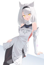 Rule 34 | 1girl, animal ears, armpit crease, bare shoulders, black hairband, black pantyhose, cat ears, cat girl, commentary, detached sleeves, dress, english commentary, grey hair, hairband, highres, looking at viewer, medium hair, mio (xenoblade), open mouth, pantyhose, prototype design, revvie, simple background, sitting, sleeveless, sleeveless dress, solo, white background, white sleeves, xenoblade chronicles (series), xenoblade chronicles 3, yellow eyes
