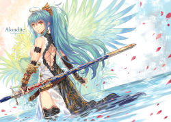 Rule 34 | 1girl, arm strap, black gloves, black thighhighs, breasts, bridal gauntlets, gloves, green hair, hair ornament, jewelry, leaf, long hair, longsword, lots of jewelry, orange eyes, original, parted lips, petals, ponytail, ran&#039;ou (tamago no kimi), sleeveless, soaking feet, solo, sword, thighhighs, vambraces, wading, water, weapon, wings