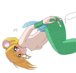 Rule 34 | 1girl, blonde hair, blush, breasts, cum, cum in pussy, fins, fish tail, green tail, jewelry, mermaid, monster girl, muromi-san, namiuchigiwa no muromi-san, open mouth, penis, pussy, red eyes, sea shell, shell, tail, twintails, uncensored, white background