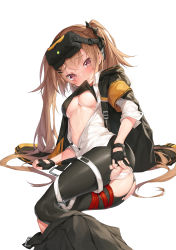 Rule 34 | 1girl, armband, ass, black bow, black gloves, black jacket, black pantyhose, black shirt, black skirt, blush, bow, breasts, brown eyes, brown hair, closed mouth, clothes in mouth, clothes lift, clothes pull, collared shirt, commentary request, dress shirt, fingerless gloves, girls&#039; frontline, gloves, hair bow, hair ornament, hairclip, head-mounted display, highres, hood, hood down, hooded jacket, jacket, lifting own clothes, long hair, looking at viewer, medium breasts, mokew, mouth hold, open clothes, open jacket, open shirt, panties, pantyhose, pleated skirt, scar, scar across eye, scar on face, shirt, shirt in mouth, shirt lift, short sleeves, simple background, skirt, skirt pull, solo, torn clothes, torn pantyhose, twintails, ump9 (girls&#039; frontline), ump9 (mod3) (girls&#039; frontline), underwear, very long hair, white background, white panties, white shirt
