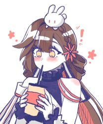 Rule 34 | !, 1girl, animal, animal on head, bare shoulders, blush, braid, brown eyes, brown hair, commentary, cup, disposable cup, drinking straw, flower, hair between eyes, hair flower, hair ornament, hands up, highres, holding, holding cup, honkai (series), honkai impact 3rd, li sushang, long hair, mi (27782900), multicolored hair, on head, rabbit, red flower, red hair, simple background, solo, two-tone hair, upper body, very long hair, white background