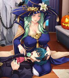Rule 34 | 1boy, 1girl, absurdres, blue hair, breasts, byleth (fire emblem), byleth (male) (fire emblem), byleth (male) (halloween) (fire emblem), candy, cleavage, covered erect nipples, feeding, fire emblem, fire emblem: three houses, fire emblem heroes, food, green hair, halloween, halloween costume, hat, highres, jack-o&#039;-lantern, kerana art, lap pillow, large breasts, lollipop, mature female, nintendo, official alternate costume, rhea (fire emblem), rhea (halloween) (fire emblem), smile, witch hat