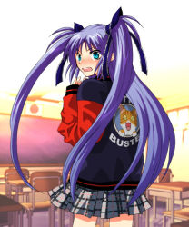 Rule 34 | 1girl, black jacket, classroom, clothes writing, cowboy shot, desk, from behind, grey skirt, hair ribbon, indoors, jacket, little busters!, long hair, long sleeves, looking at viewer, looking back, mgk968, miniskirt, plaid, plaid skirt, pleated skirt, ribbon, sasasegawa sasami, school, school desk, skirt, solo, twintails, two side up, very long hair, wavy hair