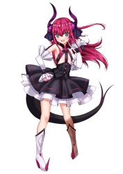 Rule 34 | 1girl, absurdres, armpits, black shirt, black skirt, blue eyes, blush, boots, breasts, detached sleeves, dragon girl, dragon horns, elizabeth bathory (fate), elizabeth bathory (fate/extra ccc), elizabeth bathory (first ascension) (fate), fang, fate/grand order, fate (series), full body, hand on own hip, hand to own mouth, high heels, highres, horns, knee boots, long hair, open mouth, red hair, revealing clothes, ribbon, shirt, simple background, skirt, small breasts, smile, solo, standing, tor ai, white background, white footwear, white sleeves