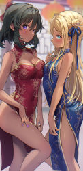Rule 34 | 2girls, alternate costume, bare arms, bare legs, bare shoulders, black hair, blonde hair, blue dress, blue eyes, blurry, breasts, china dress, chinese clothes, cleavage, cleavage cutout, clothing cutout, dark-skinned female, dark skin, depth of field, dress, hand on own thigh, highres, idolmaster, idolmaster cinderella girls, layla (idolmaster), long hair, looking at viewer, medium breasts, multiple girls, nail polish, natalia (idolmaster), no panties, pelvic curtain, profile, purple eyes, purple nails, red dress, short hair, sleeveless, sleeveless dress, small breasts, standing, thighs, trente
