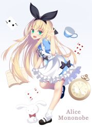 Rule 34 | 1girl, absurdres, alice in wonderland, apron, arm up, black footwear, blonde hair, blue dress, book, card, character name, cup, dress, full body, green eyes, grey background, highres, long hair, mary janes, mononobe alice, mononobe alice (1st costume), nijisanji, open mouth, playing card, pocket watch, ribbon, shoes, simple background, smile, socks, solo, standing, standing on one leg, stuffed animal, stuffed toy, teacup, the des alizes, virtual youtuber, watch, waving, white apron, white footwear