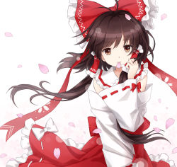 Rule 34 | 1girl, bow, cherry blossoms, detached sleeves, female focus, hair bow, hakurei reimu, japanese clothes, long hair, looking at viewer, miko, mouth hold, petals, smile, solo, touhou, tucana