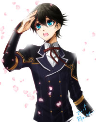 Rule 34 | 10s, 1boy, black hair, blue eyes, buttons, cherry blossoms, double-breasted, honmuraryou, horikawa kunihiro, lapels, male focus, notched lapels, petals, solo, touken ranbu
