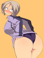 Rule 34 | 1girl, ass, bad id, bad pixiv id, bare legs, blush, breasts, curvy, from behind, jacket, large breasts, leaning forward, looking back, no nose, orange background, original, purple eyes, short hair, silver hair, sleeves past wrists, solo, sports jacket, thick thighs, thighs, track jacket, uccow, wavy mouth