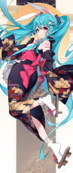 Rule 34 | 1girl, absurdres, animal ears, bare shoulders, bison cangshu, black kimono, blue hair, brown footwear, chinese zodiac, closed mouth, commentary, detached sleeves, floral print, full body, geta, hair between eyes, hair ornament, hairclip, hand up, hatsune miku, highres, japanese clothes, kimono, long hair, long sleeves, print kimono, rabbit ears, rabbit hair ornament, red eyes, sleeveless, sleeveless kimono, sleeves past fingers, sleeves past wrists, smile, socks, solo, twintails, v, very long hair, vocaloid, white socks, wide sleeves, year of the rabbit