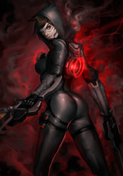 Rule 34 | 1girl, alternate color, ass, bodysuit, breasts, brown eyes, brown hair, cosplay, cowboy shot, dark persona, dual wielding, fusion, gun, handgun, harness, holding, hood, looking at viewer, looking back, looking to the side, overwatch, overwatch 1, phamoz, reaper (overwatch), reaper (overwatch) (cosplay), short hair, skin tight, smoke, solo, spiked hair, tracer (overwatch), weapon