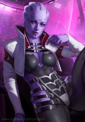 Rule 34 | 1girl, alien, aria t&#039;loak, artist name, asari (mass effect), blue eyes, breasts, colored skin, cropped jacket, jacket, looking at viewer, mass effect (series), medium breasts, open clothes, open jacket, patreon username, purple skin, solo, watermark, web address, white jacket, ynorka chiu