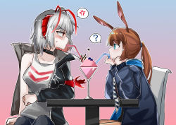 Rule 34 | 2girls, ?, absurdres, amiya (arknights), anger vein, animal ears, arknights, bare shoulders, bendy straw, black jacket, blue eyes, breasts, brown hair, collarbone, commentary request, drinking straw, eye contact, grey hair, grey tank top, hands up, highres, jacket, long hair, long sleeves, looking at another, medium breasts, multiple girls, necktie, parfait, ponytail, profile, puffy long sleeves, puffy sleeves, rabbit ears, red eyes, shared food, sidelocks, sitting, spoken anger vein, spoken question mark, striped necktie, table, tank top, w (arknights), yu kaoxiang