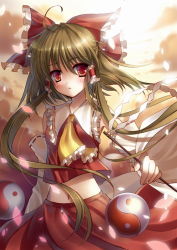 Rule 34 | 1girl, brown hair, detached sleeves, female focus, gohei, gradient background, hakurei reimu, japanese clothes, miko, navel, outdoors, petals, red eyes, rie (reverie), skirt, sky, solo, touhou, yin yang