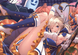 Rule 34 | 1girl, ;p, absurdres, alternate costume, armpit cutout, armpits, ass, blonde hair, blue eyes, blue footwear, boots, branch, breasts, clothing cutout, coffin, commentary, cucouroux (granblue fantasy), cucouroux (halloween) (granblue fantasy), daweykun, english commentary, full body, full moon, ghost, gold trim, granblue fantasy, gun, halloween, halloween costume, hat, hat ribbon, high heel boots, high heels, highres, knee boots, legs up, lying, medium breasts, medium hair, moon, on back, one eye closed, orange ribbon, outdoors, plaid, plaid ribbon, pouch, pumpkin, ribbon, rifle, shirt, solo, string, sweat, tongue, tongue out, tree, weapon, white hat, white shirt